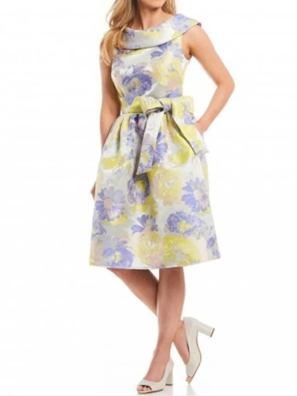 Alex Marie Diana Floral Fancy Party Belted Midi Dress in Yellow/Purple, 4
